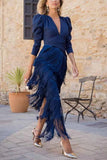 V-Neck Puff Sleeve Tiered Fringe Dress