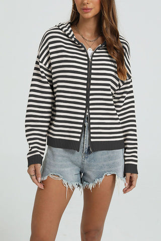Striped Zip-Up Hooded Knit Cardigan