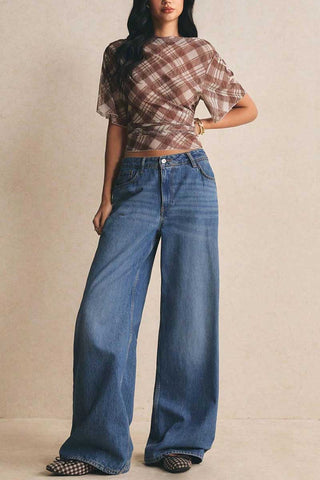 Sheer Plaid Flutter Sleeve Ruched Top