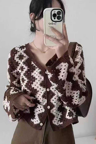 Geometric Pattern V-Neck Button Cardigan