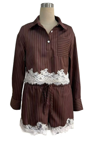 Striped Lace Trim Crop Top and Shorts Set