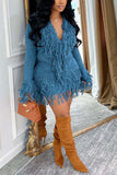 Fringe Trim V-Neck Knit Skirt Set