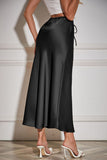 Satin Drawstring Waist Slip Midi Skirt