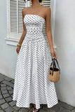 Polka Dot Strapless Ruched Maxi Dress