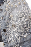 Floral Beaded Collared Denim Vest