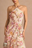 Floral Ruffle Halter Pleated Evening Dress