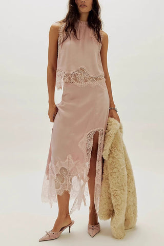 Elegant Lace Trim Skirt Set
