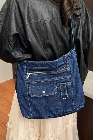 Zippered Pocket Denim Hobo Bag