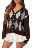 Argyle Knit V-Neck Button-Front Cardigan