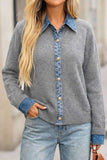 Denim Trim Button-Front Knit Cardigan