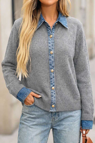 Denim Trim Button-Front Knit Cardigan