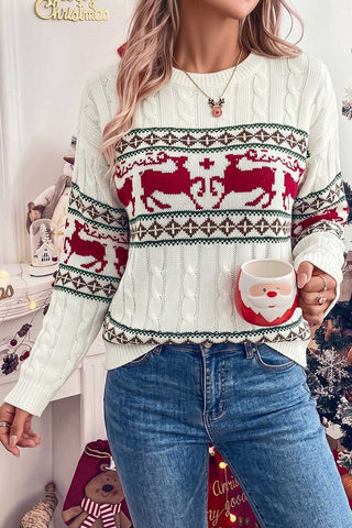 Reindeer Motif Crew Neck Cable Knit Sweater
