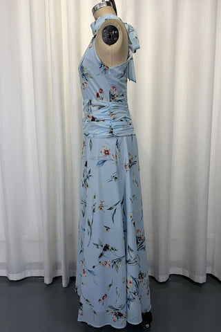 Floral Halter Ruched Maxi Dress