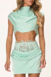 Cowl Neck Draped Crop Top Set
