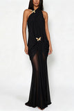 Ruched Halter Butterfly Maxi Casual Dress