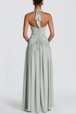 Ruched Halter V-Neck Maxi Casual Dress