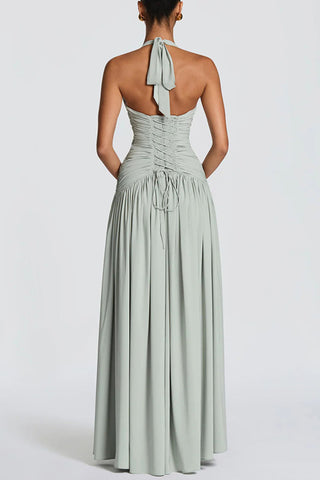 Ruched Halter V-Neck Maxi Casual Dress