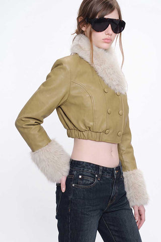 Faux Fur Trim Double-Breasted Crop Jacket