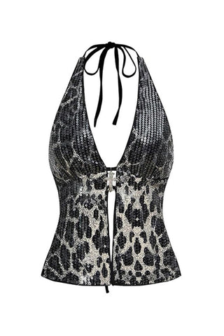 Sequin Halter Deep V-Neck Tank Top