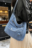 Zippered Pocket Denim Hobo Bag