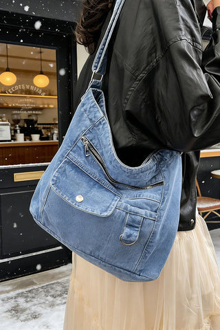 Zippered Pocket Denim Hobo Bag