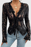 Sheer Floral Lace Ruffle V-Neck Blouse