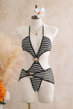 Striped Ring Cutout Halter Swimsuit