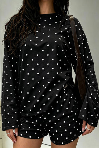 Polka Dot Crew Neck Long Sleeve Short Set