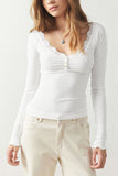 Lace Trim Ribbed Henley Long Sleeve Top