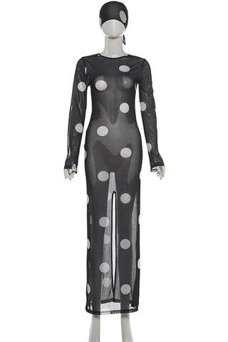 Sheer Polka Dot Bell Sleeve Maxi Dress