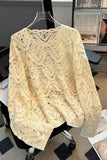 Open-Knit Crochet Crew Neck Sweater