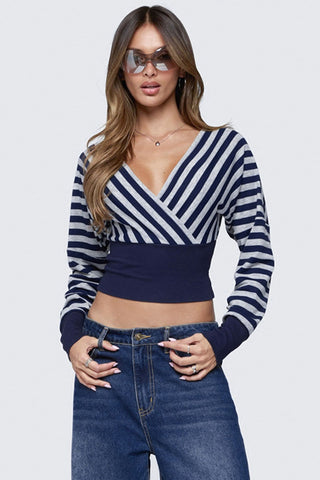Striped Wrap V-Neck Long Sleeve Crop Blouse