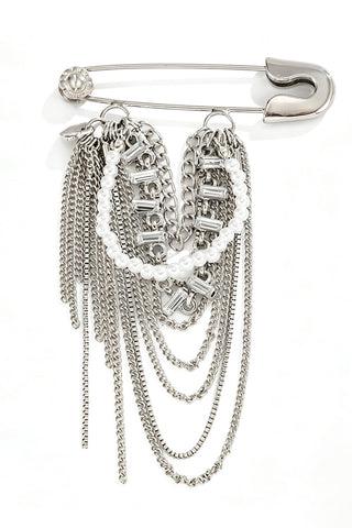 Layered Chain Tassel Safety Pin Brooch