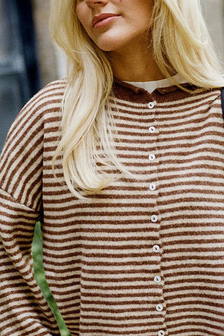 Striped Button-Front Long Sleeve Cardigan