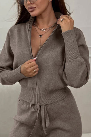 Zip-Front Mock Neck Knit Pants Set