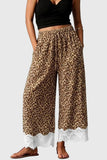 Leopard Print Lace Hem Wide-Leg Casual Pants