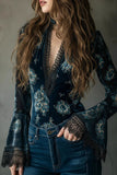 Floral Velvet Lace V-Neck Bell Sleeve Blouse