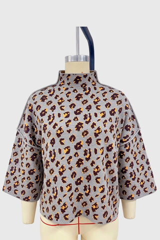 Leopard Print Mock Neck Bell Sleeve Sweater