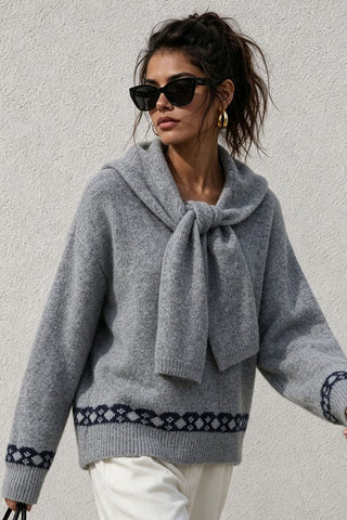 Tie-Neck Patterned Knit Sweater