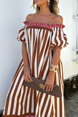 Off-Shoulder Puff Sleeve Striped Maxi Dress