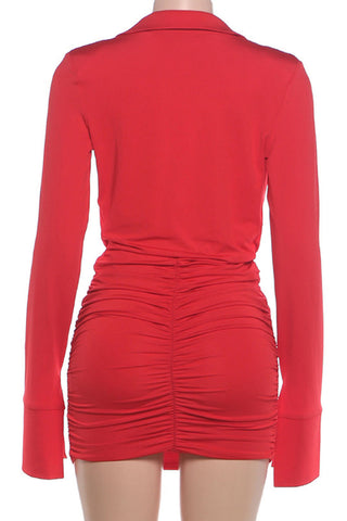 Deep V-Neck Ruched Long Sleeve Mini Dress