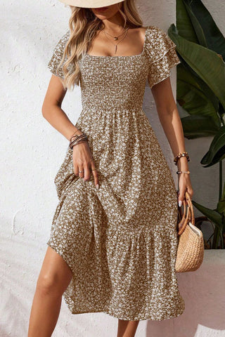 Smocked Ruffle Sleeve Casual Dress