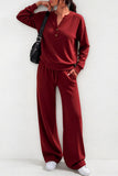 Button Placket Long Sleeve Wide-Leg Pants Set