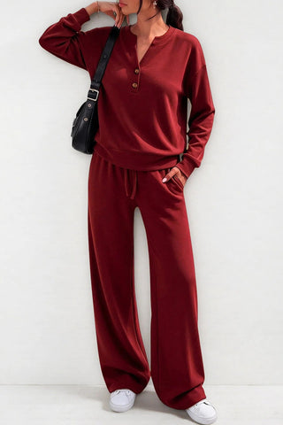 Button Placket Long Sleeve Wide-Leg Pants Set