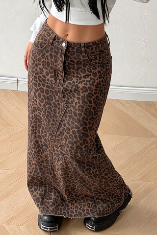 Leopard Print High-Waist Maxi Denim Skirt
