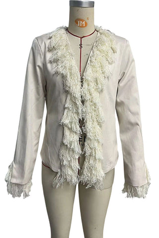 Fringe Trim Open Front Long Sleeve Jacket