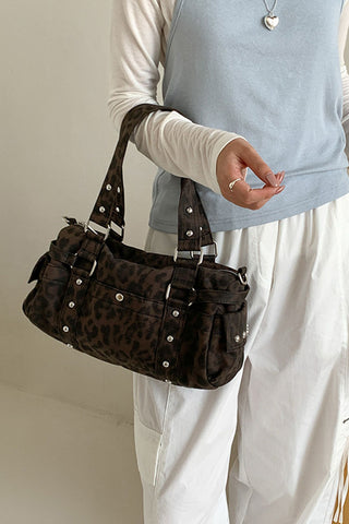Leopard Print Studded Multi-Pocket Tote Bag