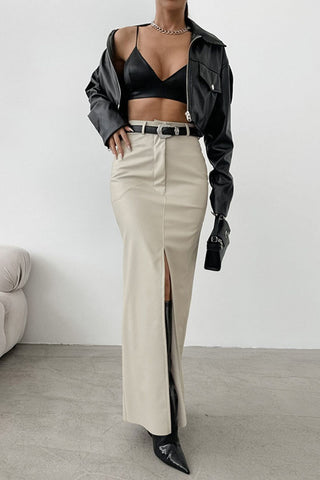 High-Waist Slit Faux Leather Maxi Skirt