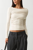 Ruched Boat Neck Long Sleeve Crop Top