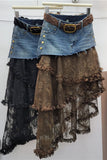 Belted Denim Skirt with Lace Overlay